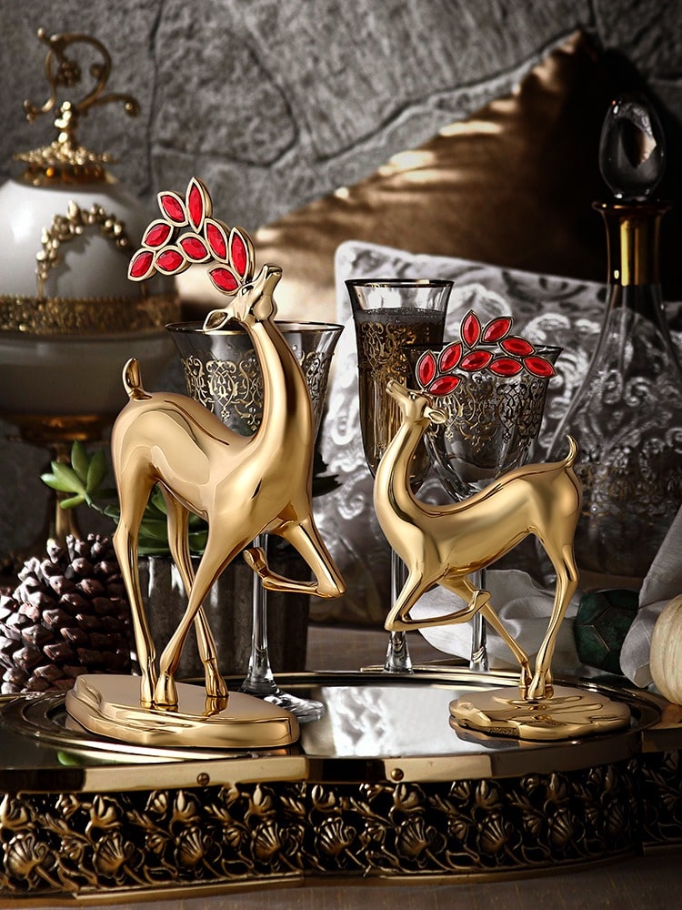 Tượng hươu pha lê để bàn bằng đồng