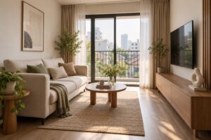 Phòng khách nhỏ thoáng với lối đi rõ và một điểm nhấn decor