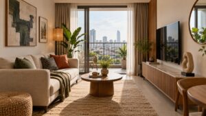 Các nhóm đồ decor phòng khách nhỏ theo tường, kệ tivi và bàn trà