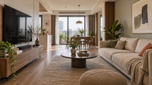 Phòng khách chung cư với khu kệ tivi, bàn trà và tường sofa