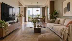 Phòng khách chung cư với khu kệ tivi, bàn trà và tường sofa