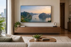 Đồ decor thấp đặt ở đầu kệ tivi không che màn hình