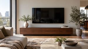 Bố cục decor kệ tivi lệch nhau với bình và khay thấp