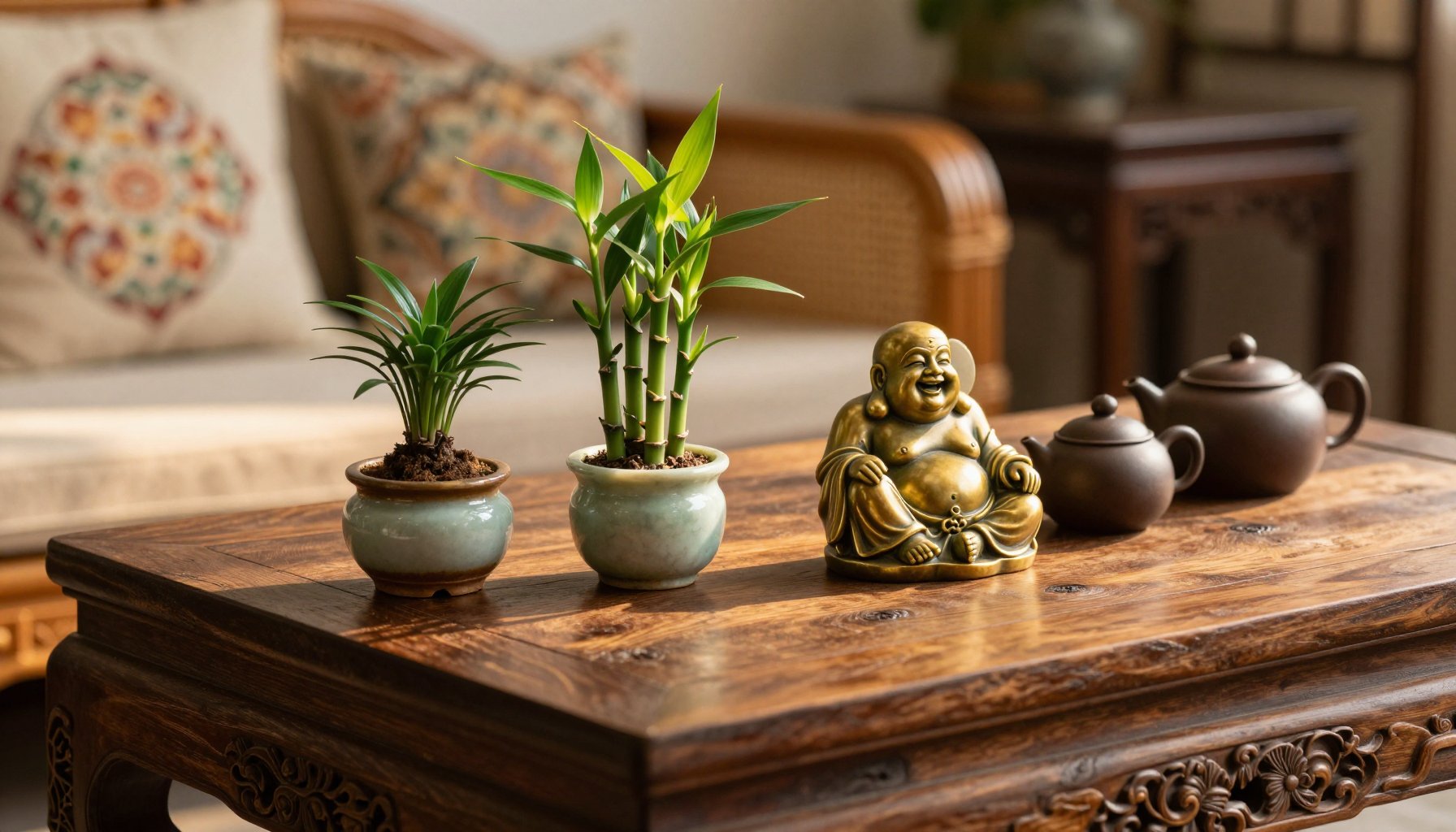 Đồ trang trí để bàn phòng khách kết hợp cây xanh phong thủy