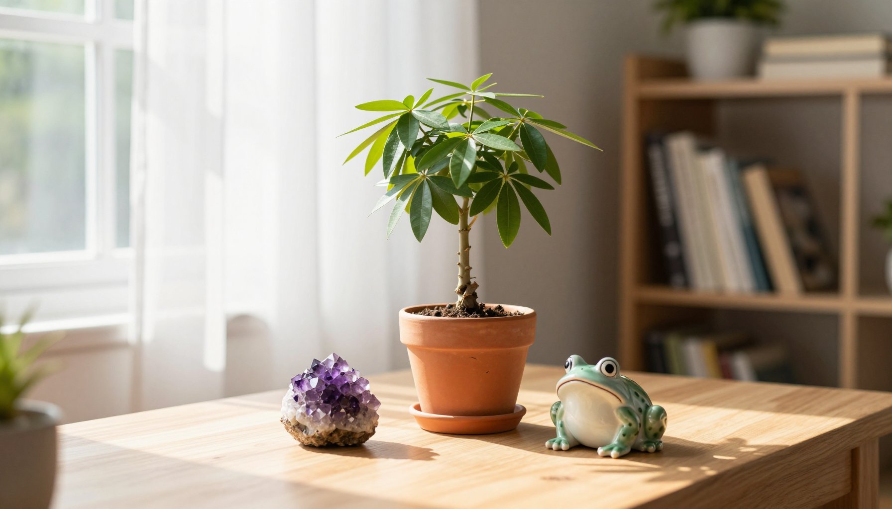 Cây để bàn phòng khách kết hợp đồ decor hài hòa