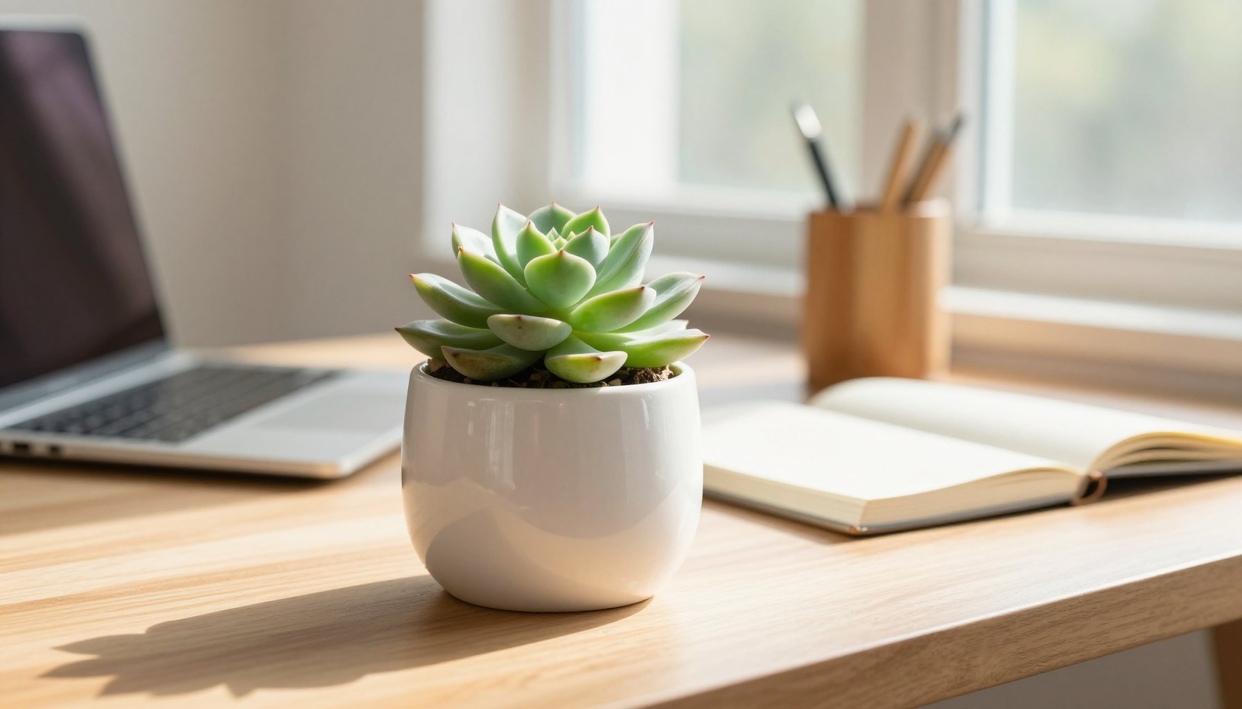 cách decor bàn làm việc với chậu sen đá dễ trồng