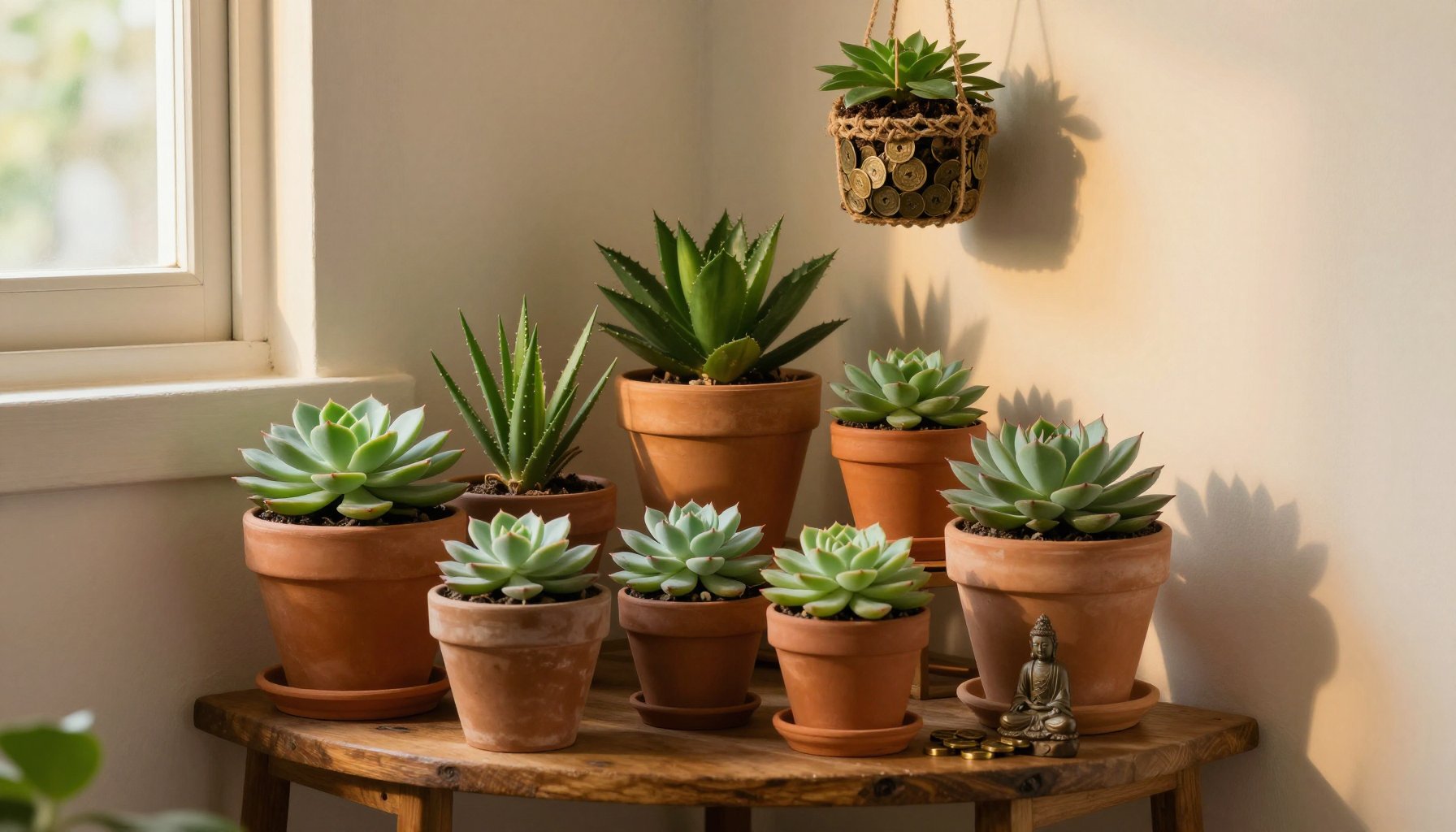 bố trí sen đá để bàn kết hợp decor phong thủy