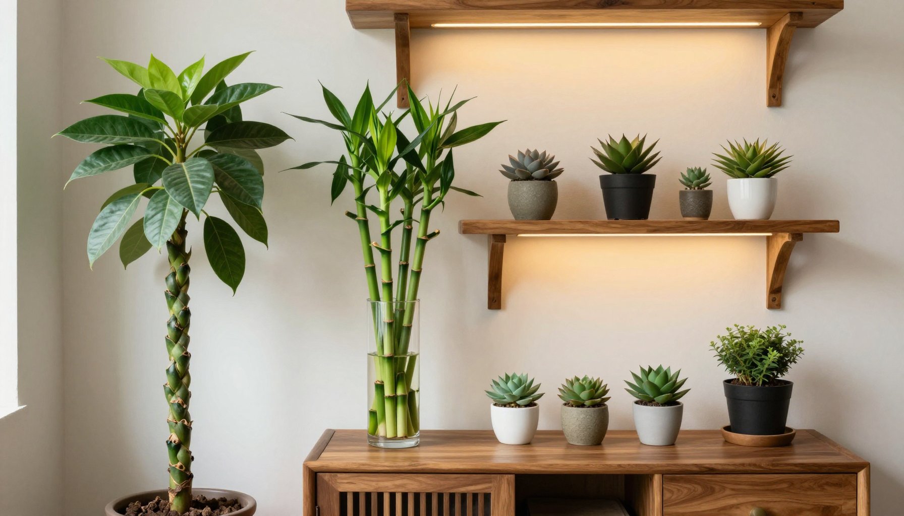 cây để bàn phòng khách phối cùng decor tạo không gian hài hòa