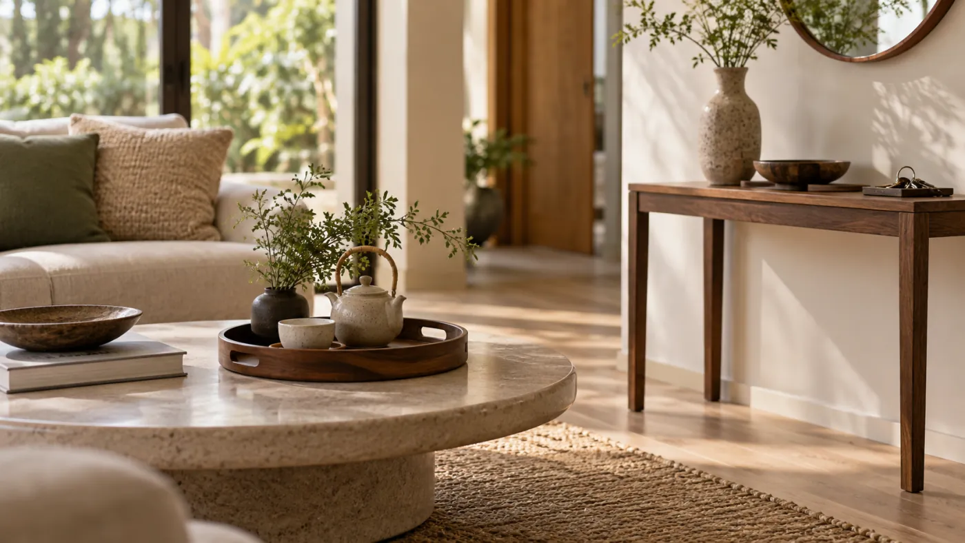 Khay nhỏ trên bàn trà và bình trang trí trên bàn console phía sau