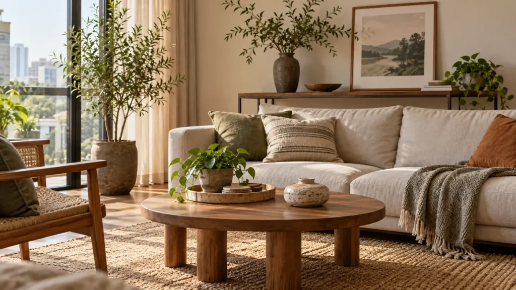 Phòng khách có bàn trà thấp và bàn console phía sau sofa với đồ decor riêng