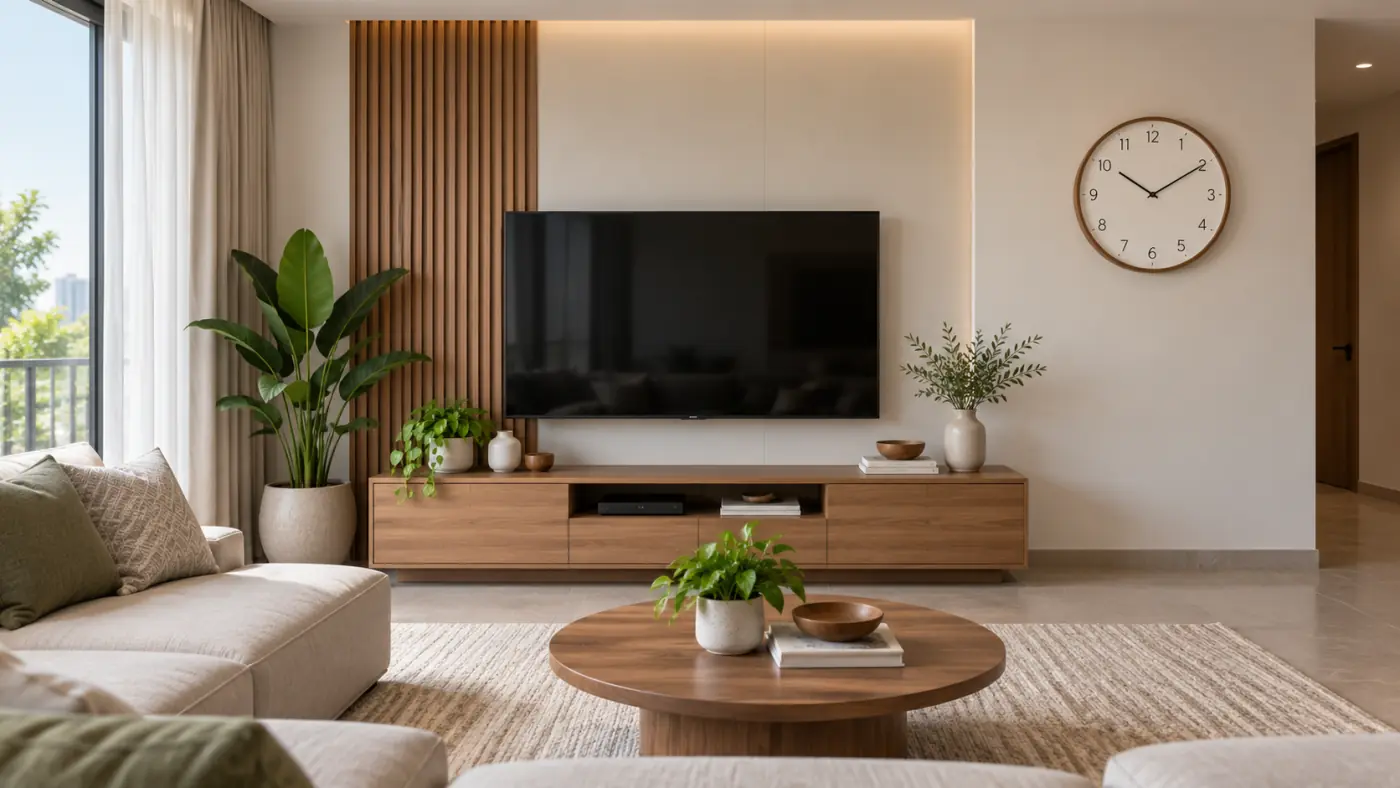 Đồng hồ treo tường trên mảng tường cạnh tivi trong phòng khách