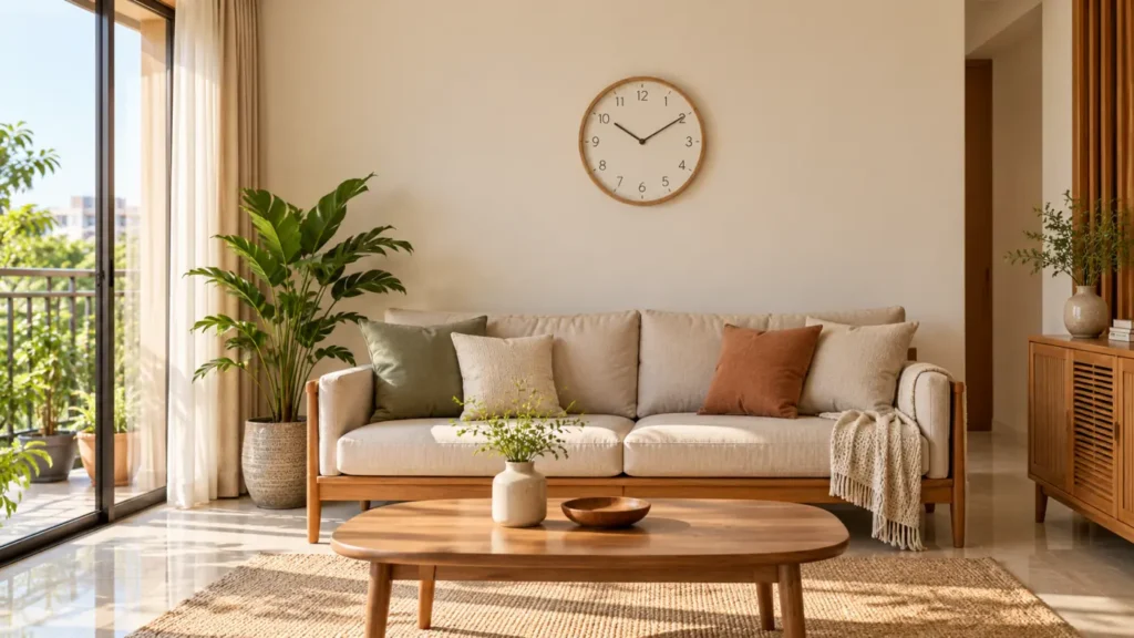 Đồng hồ tròn trên mảng tường phía trên sofa phòng khách