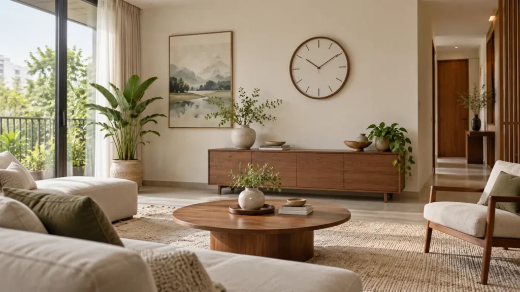 Đồng hồ treo tường trên tủ thấp trong phòng khách