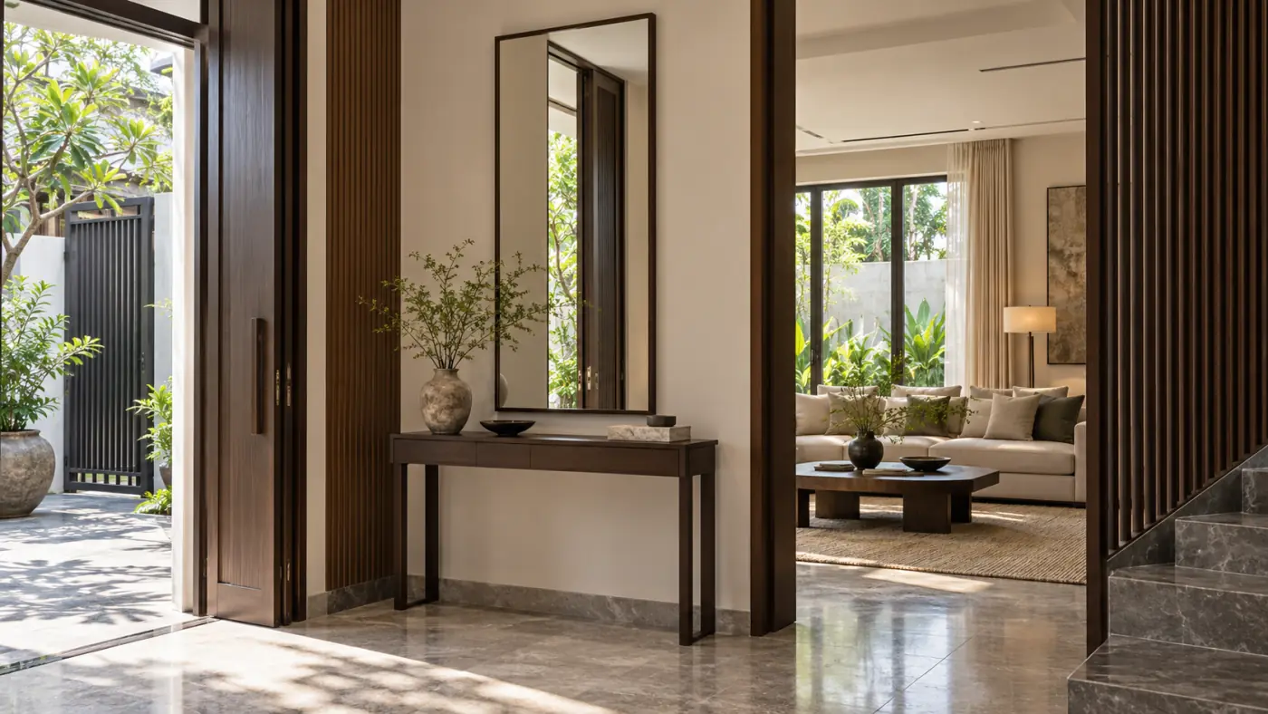 Gương chữ nhật treo dọc trên bàn console ở lối vào nhà