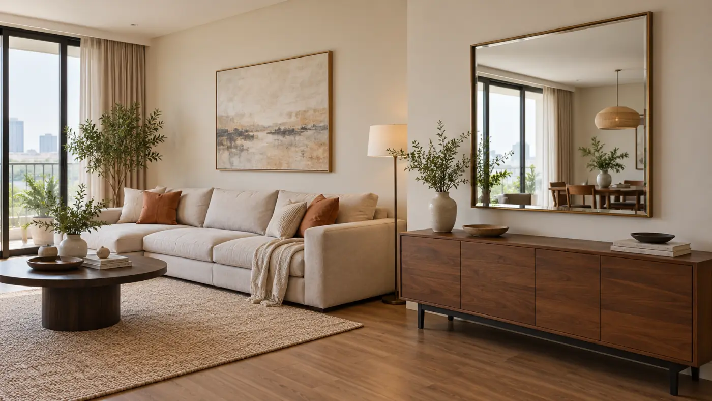 Gương chữ nhật trên tủ trang trí cạnh sofa trong phòng khách