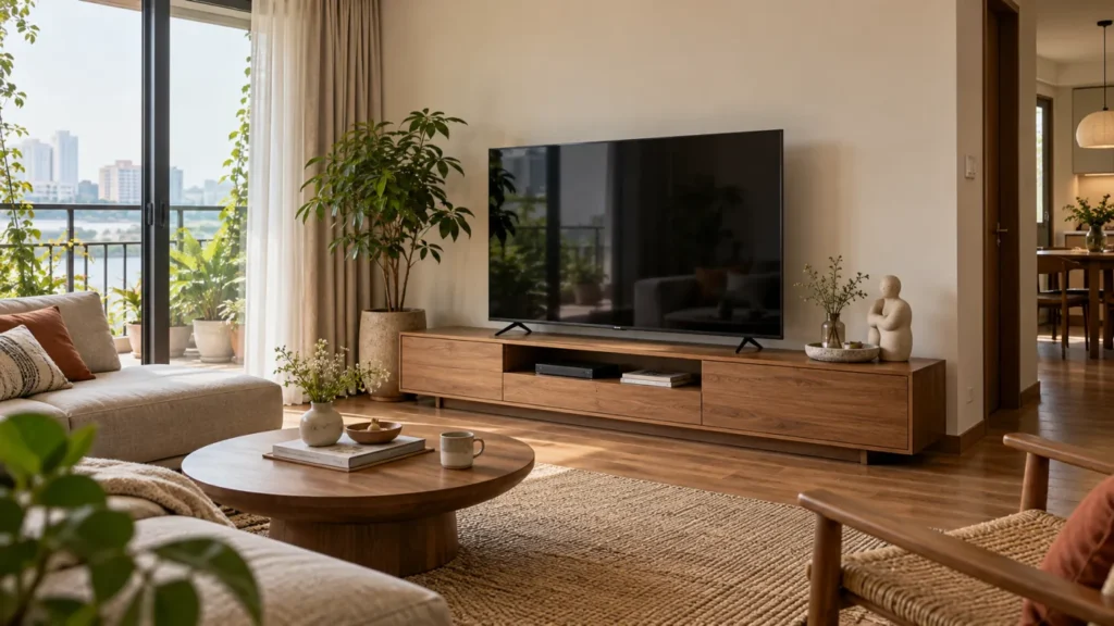 Phòng khách với kệ tivi dài và một cụm đồ trang trí gọn ở đầu kệ