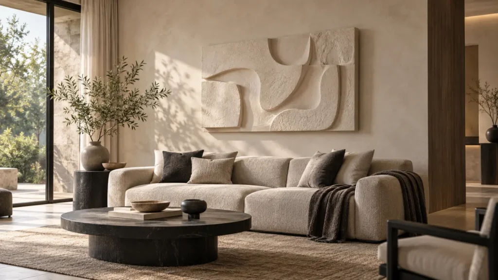 Phù điêu nổi trên tường sau sofa trong phòng khách