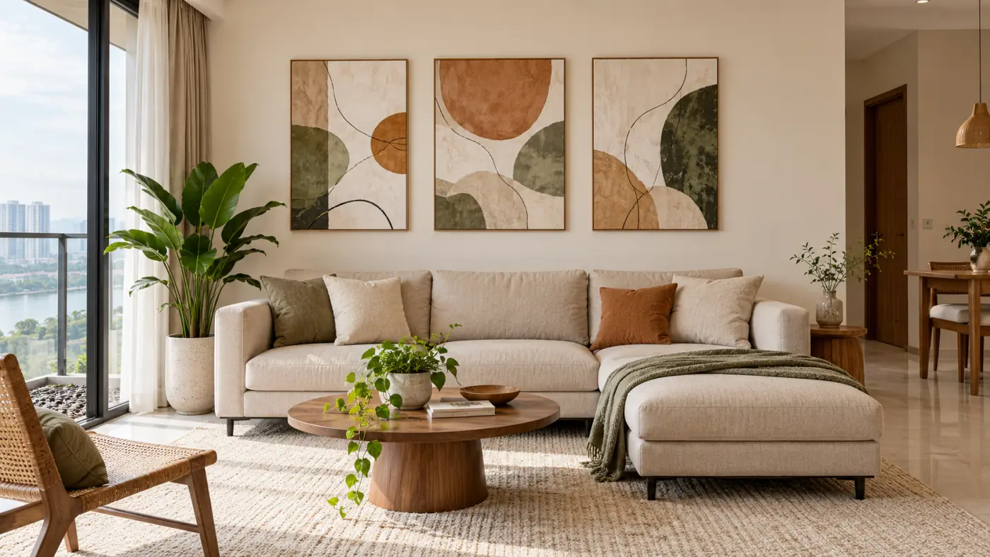 Bộ ba tranh trừu tượng treo thành cụm phía trên sofa