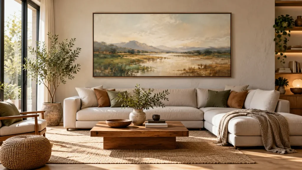 Một bức tranh phong cảnh ngang lớn trên sofa phòng khách