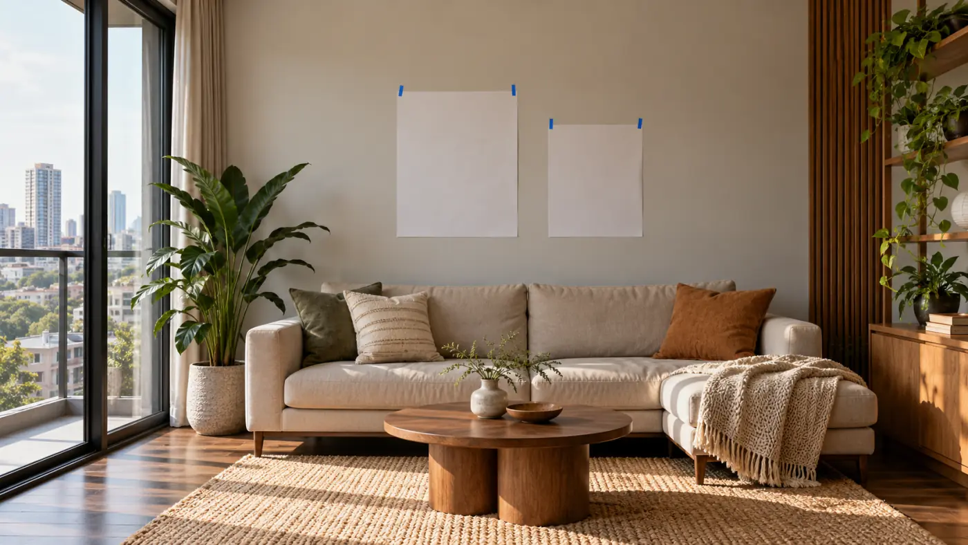 Hai tờ giấy trắng thử kích thước tranh trên tường phía sau sofa