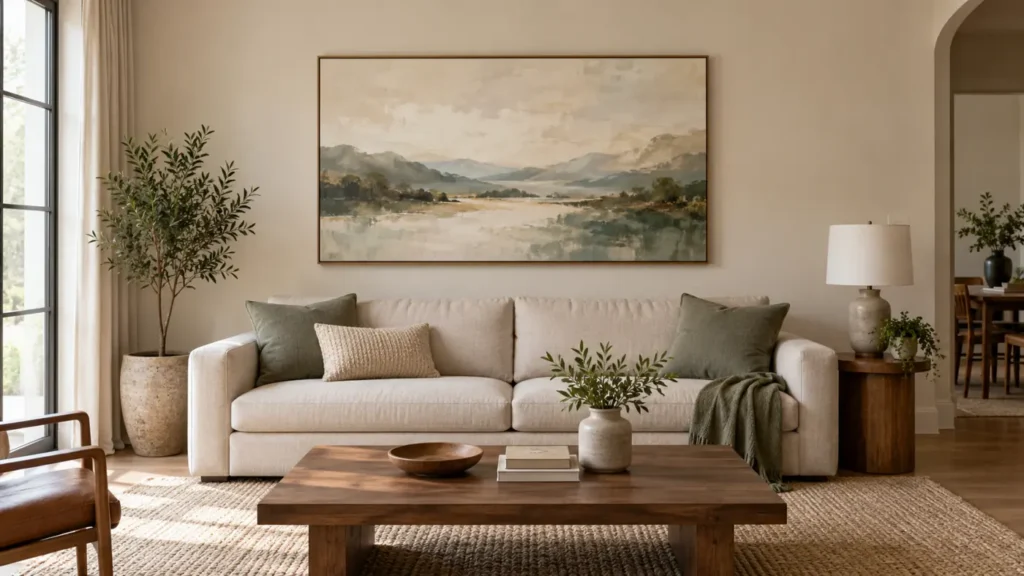 Tranh ngang cân đối trên sofa trong phòng khách sáng