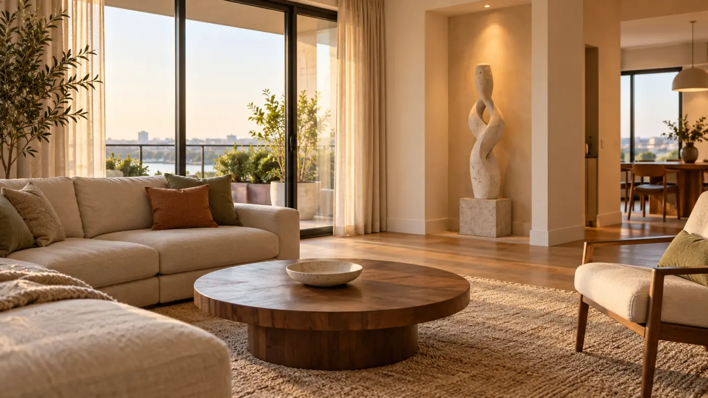Tượng trang trí đặt trong hốc sàn cạnh sofa, cách xa lối đi