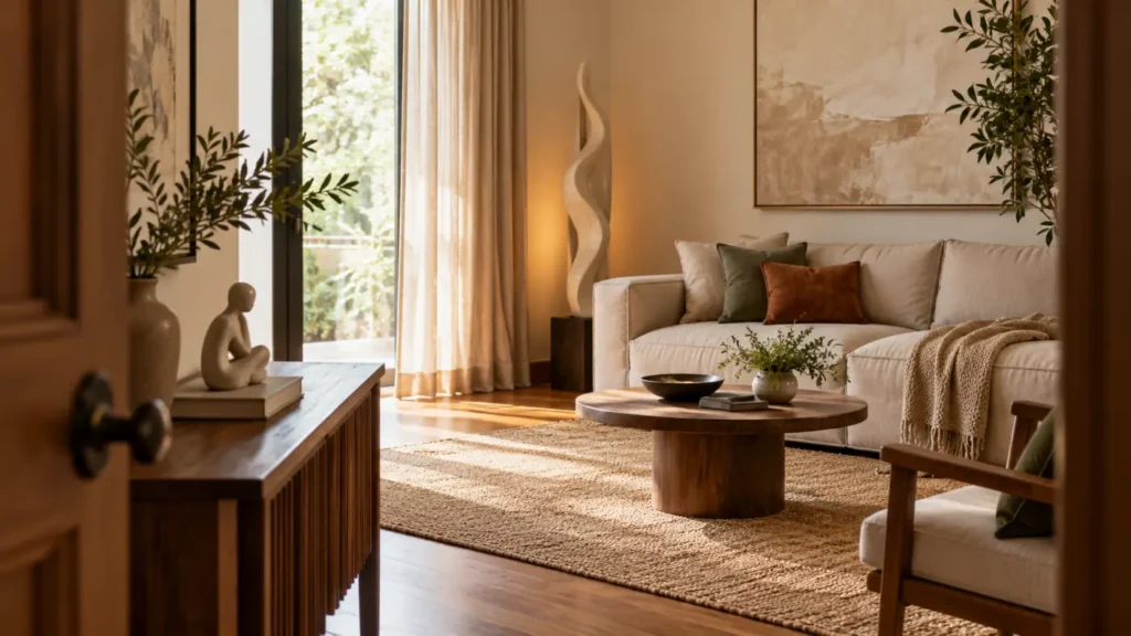 Phòng khách minh họa tượng để bàn trên tủ và tượng để sàn cạnh sofa