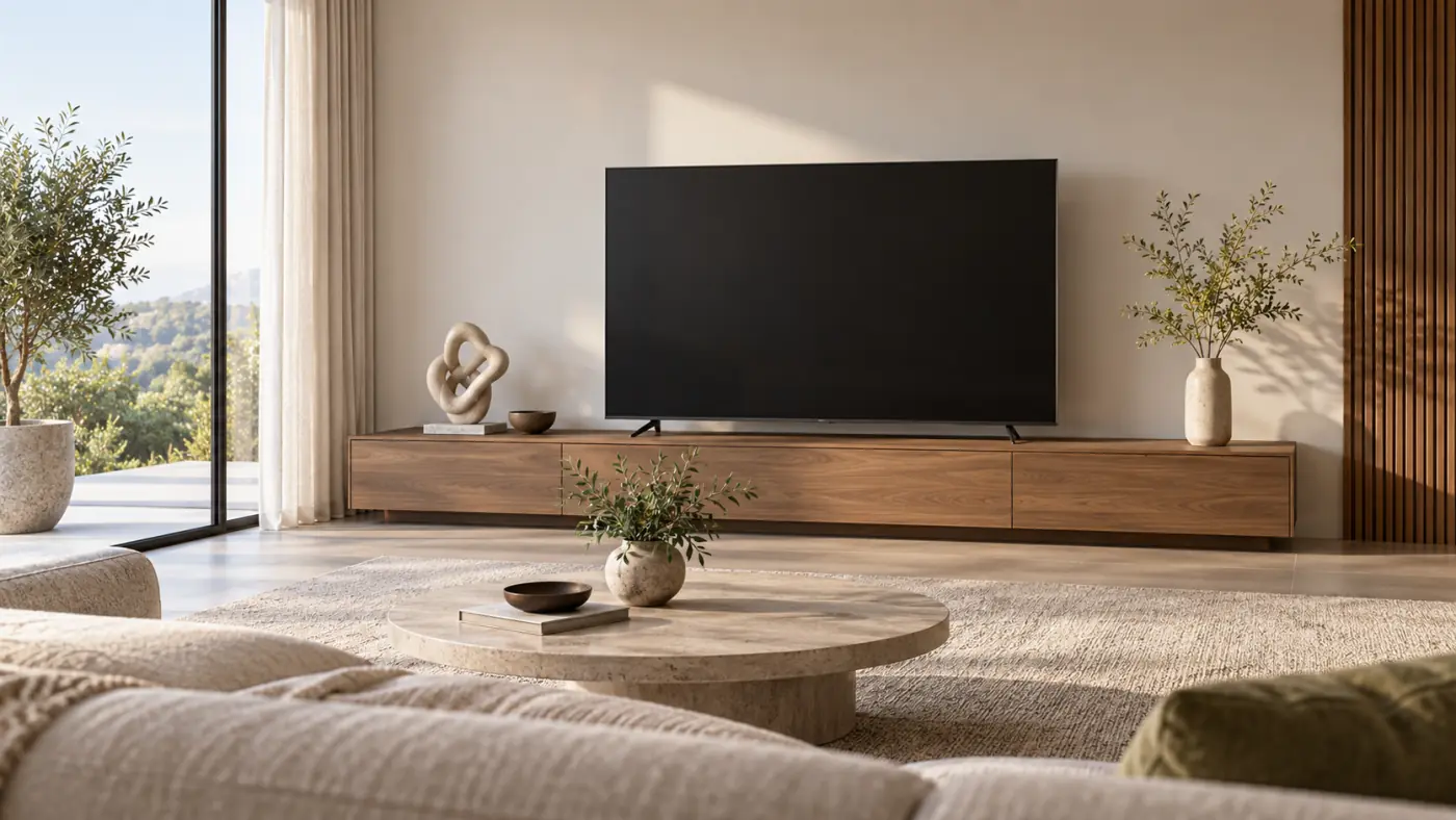 Tượng decor nhỏ đặt bên cạnh tivi, không che màn hình