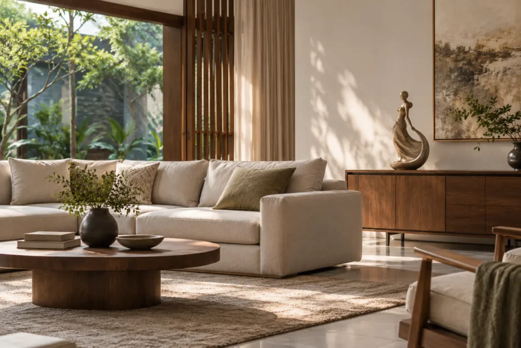 Phòng khách có tượng trang trí trên tủ cạnh sofa theo tỷ lệ cân đối